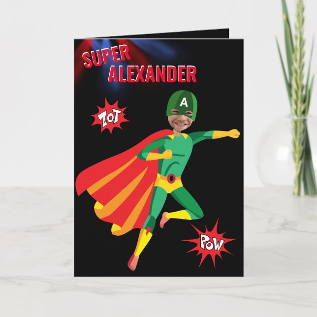 Tarjeta Superheroína asombroso niño volador verde cumpleañ (Anverso)