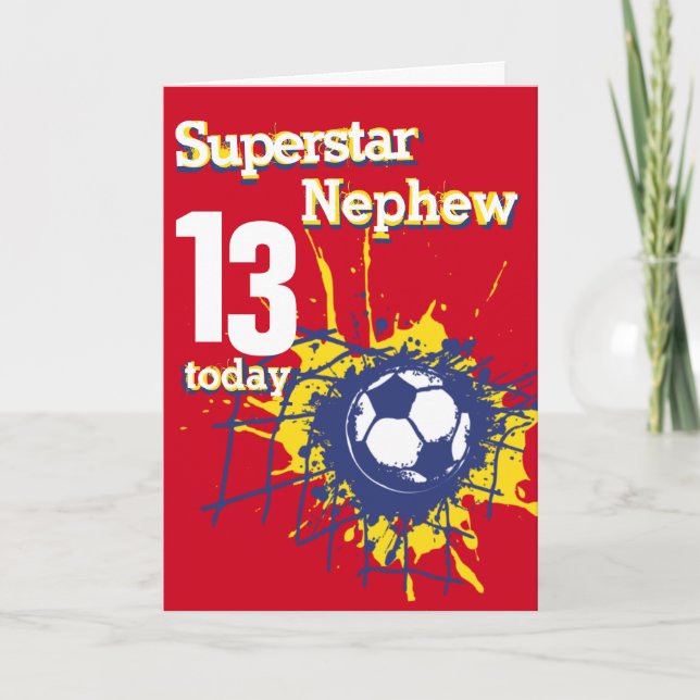 Tarjeta Superstar Nephew 13 años deporte de fútbol rojo (Anverso)