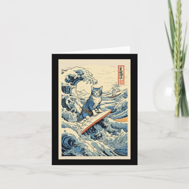 Tarjeta Surfing Cat Hokusai Great Wave Off Kanagawa Japane (Anverso)