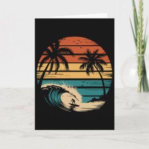 Tarjeta Surfista surfeando con palmeras Vacaciones tropica