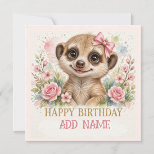 Tarjeta Suricata hembra: lazo y flores pastel de animalito