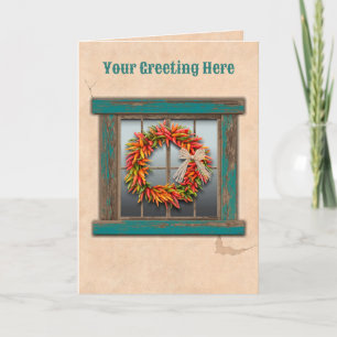 Tarjeta Suroeste de Chile Ristra Wreath Rustic Blue Window