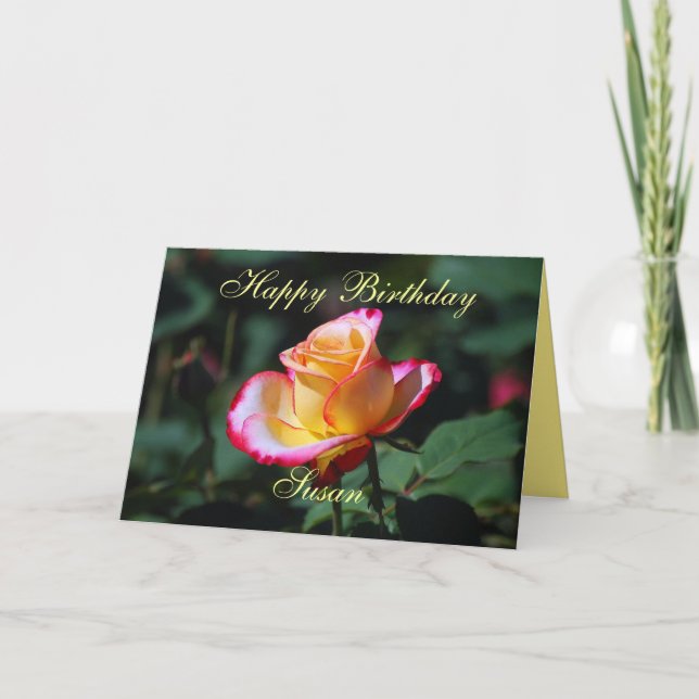 Tarjeta Susan Happy Birday Red, Yellow y White Rose (Anverso)