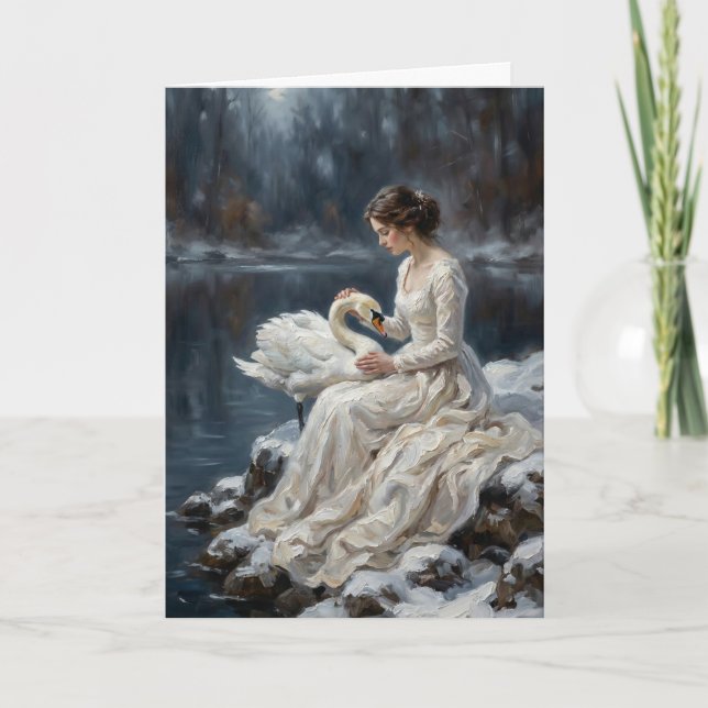 Tarjeta Swan Maiden Winter Lake Romance Fantasy Art (Anverso)