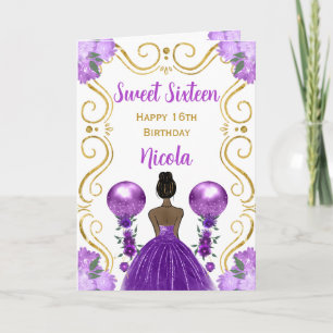 Tarjeta Sweet 16 Dark Skin Princess Purple Feliz cumpleaño