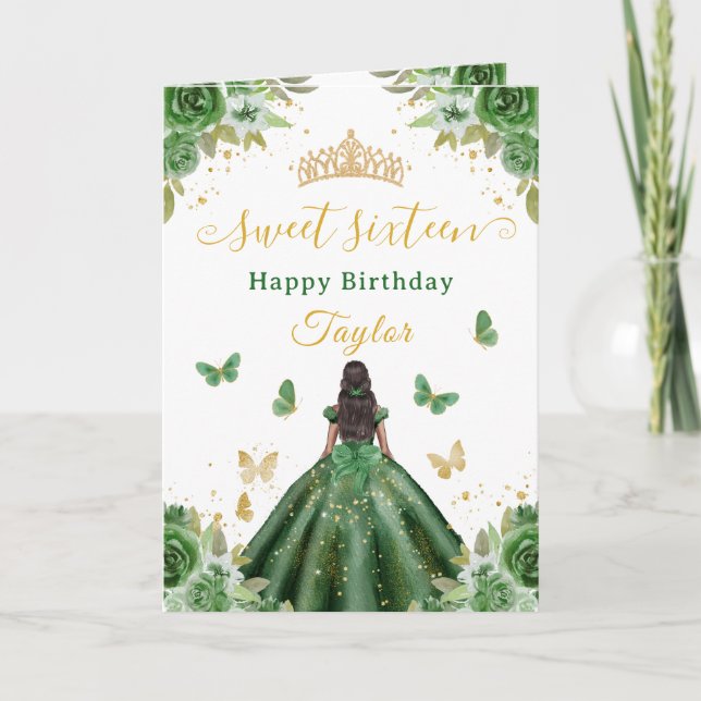 Tarjeta Sweet 16 Green Princess African American Girl (Anverso)