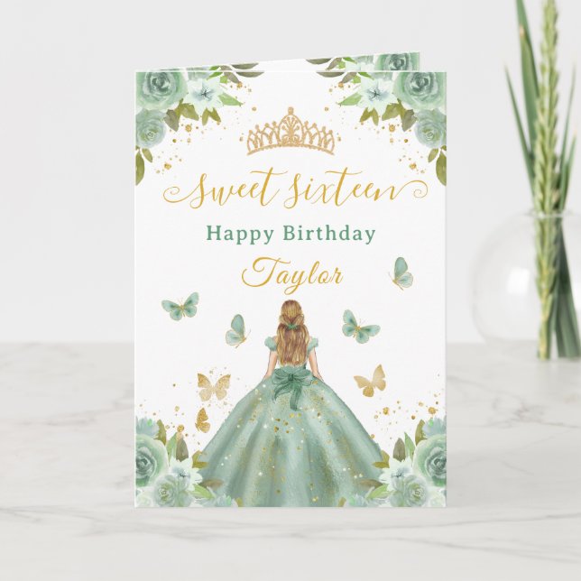 Tarjeta Sweet 16 Green Princess Blonde Girl (Anverso)