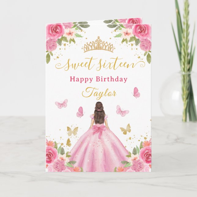 Tarjeta Sweet 16 Pink Princess Brunette Girl (Anverso)