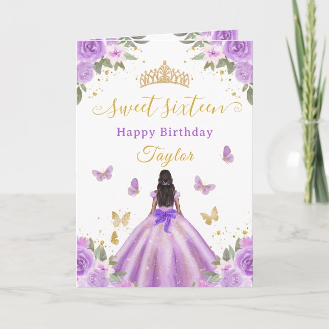 Tarjeta Sweet 16 Purple Princess African American Girl (Anverso)