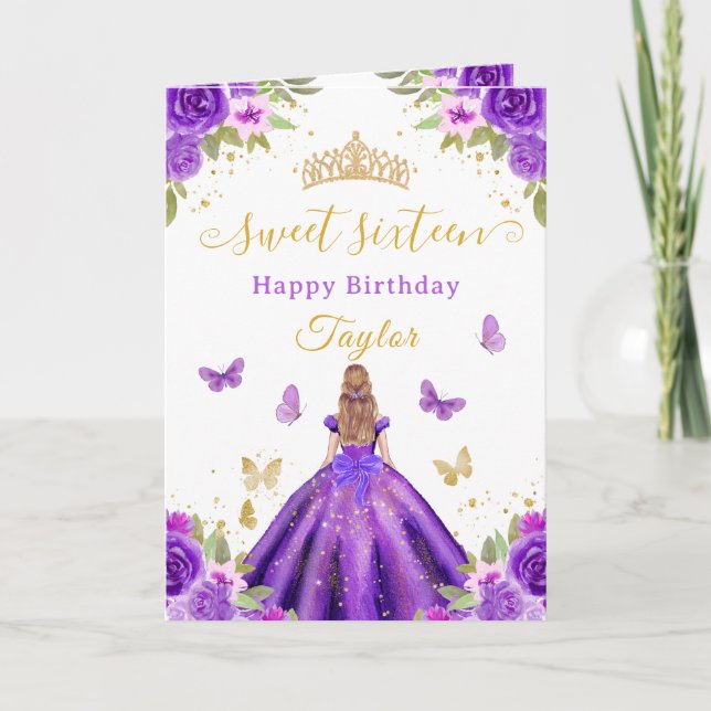 Tarjeta Sweet 16 Purple Princess Blonde Girl (Anverso)