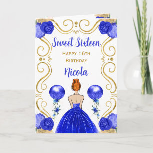 Tarjeta Sweet 16 Red Hair Princess Blue Happy Birthday