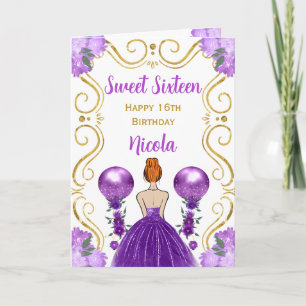 Tarjeta Sweet 16 Red Hair Princess Purple Happy Birthday