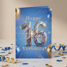 Tarjeta Sweet 16 Royal Blue Gold Glitter Balloon Birthday