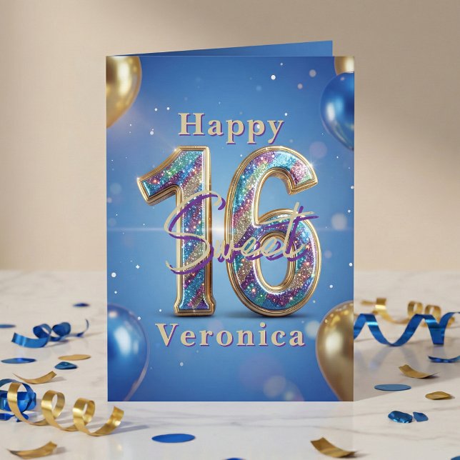 Tarjeta Sweet 16 Royal Blue Gold Glitter Balloon Birthday (Subido por el creador)