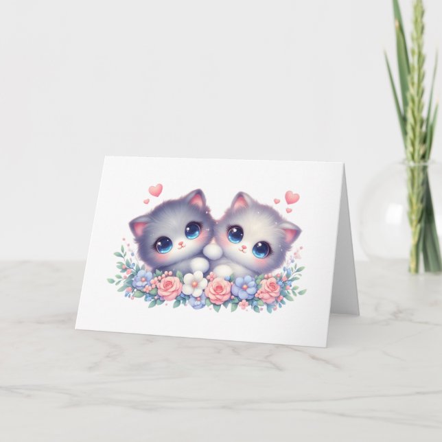 Tarjeta Sweet Snuggly Kitten Duo Floral Blank Greeting  (Anverso)