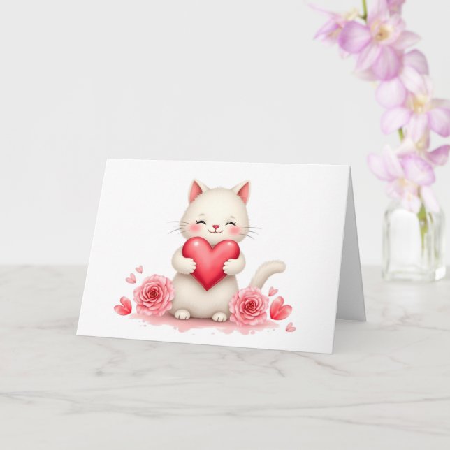 Tarjeta Sweet White Kitten with Red Heart Valentine Blank  (Orquídea)