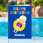 Tarjeta Swim Team Blonde Girl Cute Custom Happy Birthday<br><div class="desc">Awesome kids swimming pool party Happy Birthday card for a blonde child on the swim team during the summer. Features a bright,  fun pop of colors and an adorable swimming girl in an inner tube. Customize for a special children's gift.</div>