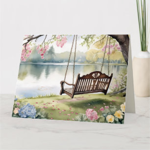 Tarjeta Swing a orillas del lago en un romántico jardín ac