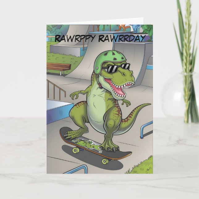 Tarjeta T-Rex en skatepark skateboarding (Anverso)