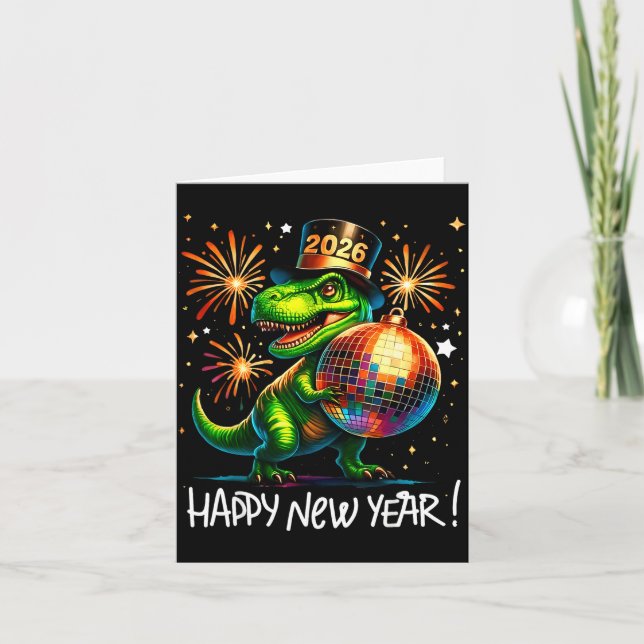 Tarjeta T Rex Happy New Year 2026 Disco Ball Fireworks Tee (Anverso)