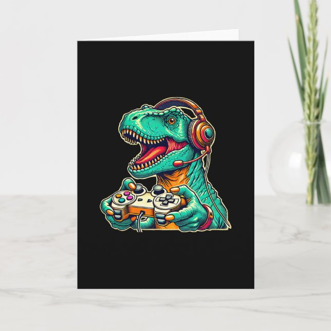 Tarjeta T-rex jugando con auriculares divertido gráfico de (Anverso)