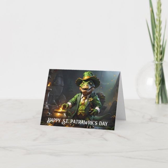 Tarjeta T-Rex Leprechaun con caldera de oro (Anverso)