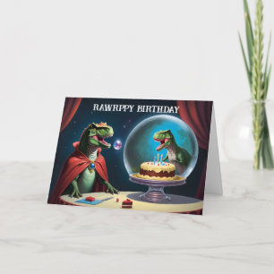 Tarjeta T-Rex mirando la tarta dentro del puesto de pastel