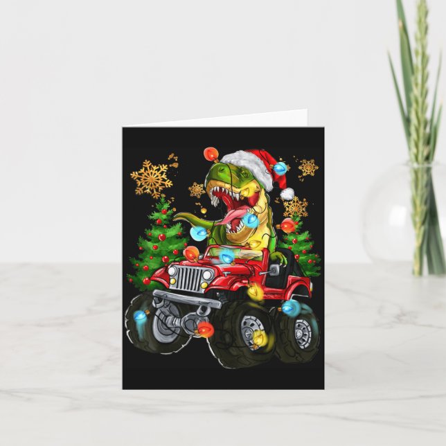 Tarjeta T-rex Santa In Monster Truck With Christmas Trees  (Anverso)