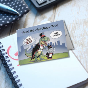 Tarjeta T-rex y elefante años nuevos magia truco años nuev