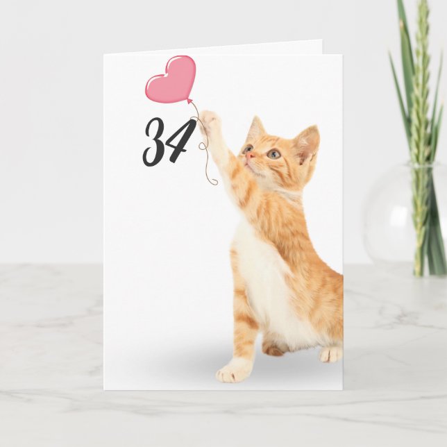 Tarjeta tabby cat de 34 años con globo de corazón (Anverso)