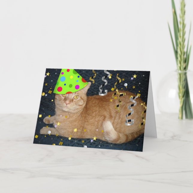 Tarjeta Tabby Cat Naranja de la fiesta de cumpleaños (Anverso)