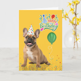 Tarjeta Tan French Bulldog Party Hat Yellow Birthday