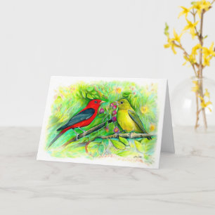 Tarjeta Tanagers Escarlatas Acuarela Feliz Cumpleaños