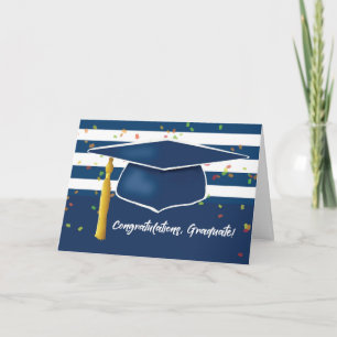 Tarjeta Tapa de graduación azul con franjas y confetti