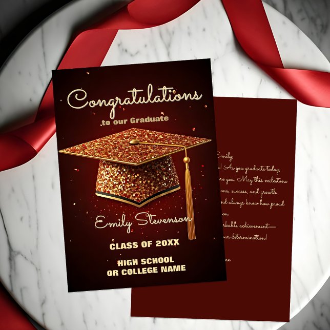 Tarjeta Tapón de graduación y confetti en rojo (Subido por el creador)
