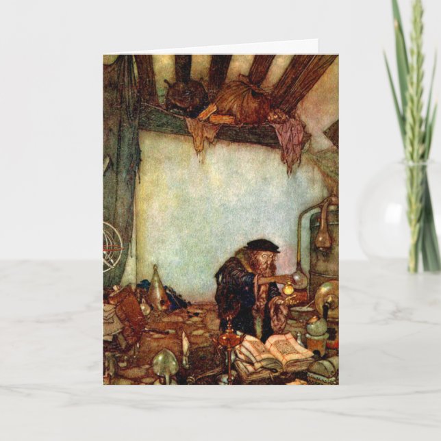 Tarjeta Tarjeta:  Alquimista y su oro de Edmund Dulac (Anverso)
