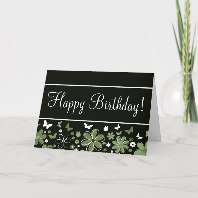 Tarjeta "Tarjeta de cumpleaños" floral negra y verde (Anverso)
