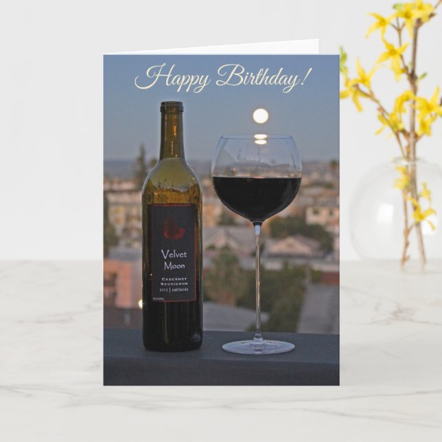 Tarjeta ¡Tarjeta de felicitación de cumpleaños con vino y  (flor amarilla)