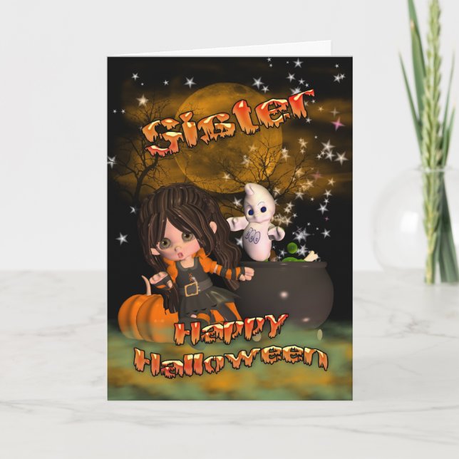 Tarjeta ¿Tarjeta de Halloween para la hermana, el truco o (Anverso)