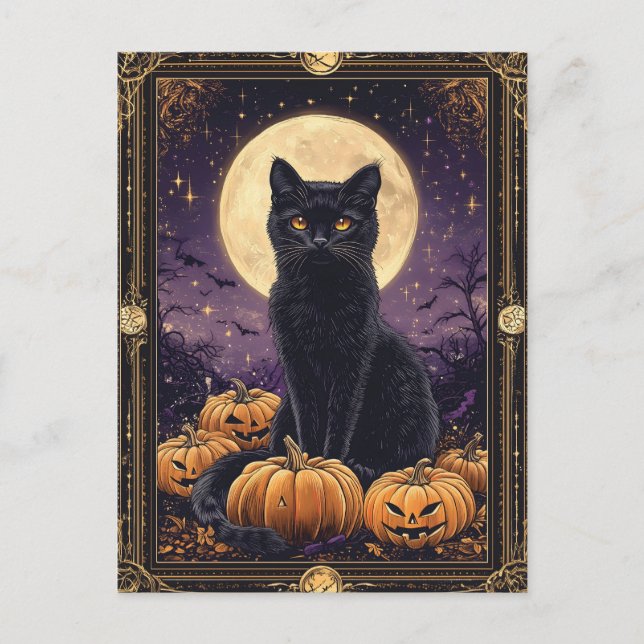 Tarjeta tarot con temática de Halloween con gato n (Anverso)