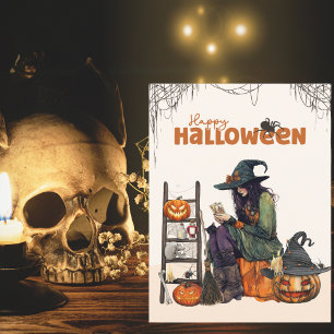 Tarjeta Tarot de Bruja Vintage Calabaza de Halloween Espel