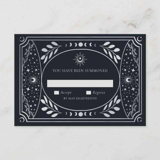 Tarjeta Tarot elegante plateada Boda RSVP (Anverso)