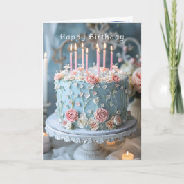 Tarjeta Tarta Azul Rosas Rosadas y Velas Cumpleaños Feliz