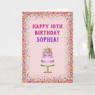 Tarjeta Tarta Cumpleaños Niña Unicornio Rosa Confeti Arcoí