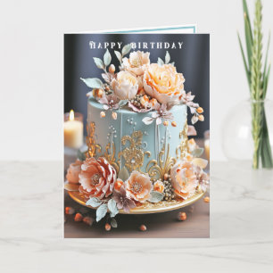 Tarjeta Tarta de Cumpleaños Azul Claro Melocotón Filigrana