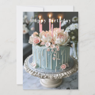 Tarjeta Tarta de cumpleaños azul y blanca con flores rosad