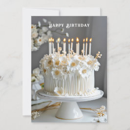 Tarjeta Tarta de Cumpleaños Blanca & Flores Doradas Velas
