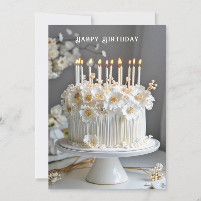 Tarjeta Tarta de Cumpleaños Blanca & Flores Doradas Velas (Anverso)