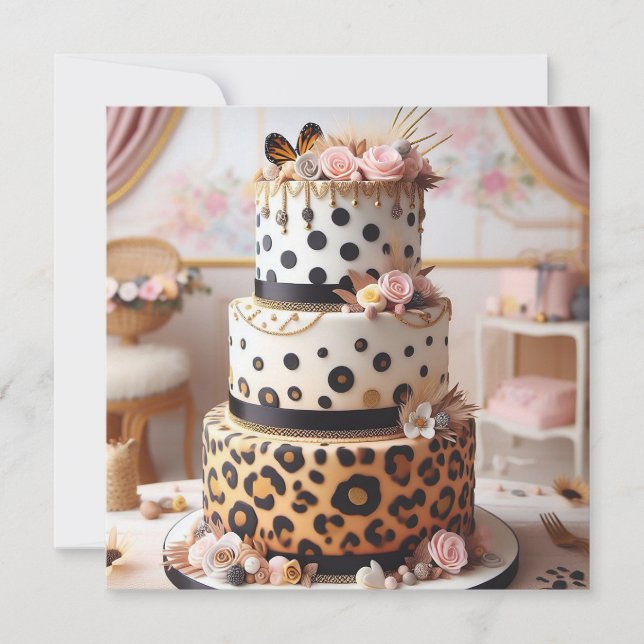 TARJETA TARTA DE CUMPLEAÑOS CON CAPAS DE LUNAR DE LEOPARDO (Anverso)
