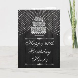 Tarjeta Tarta de cumpleaños con cortina de diamante negro 